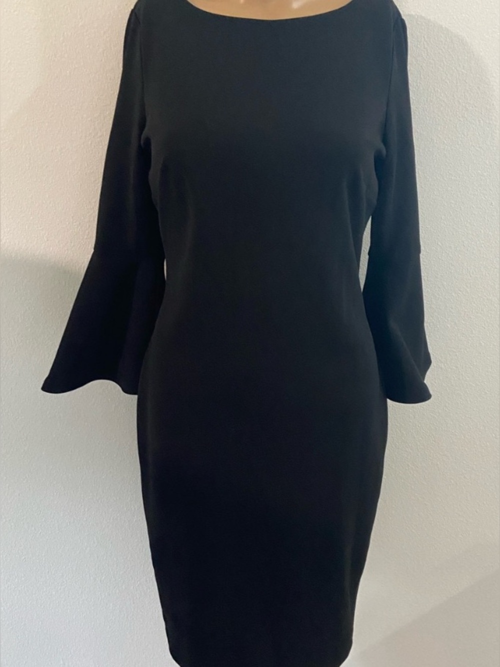 Calvin Klein Black Midi Sheath Dress with Bell Sleeves